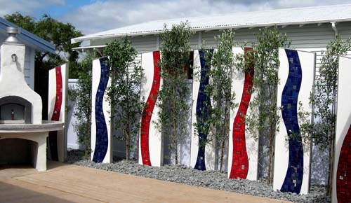 Wood-fired pizza oven, mosaic, landscaping